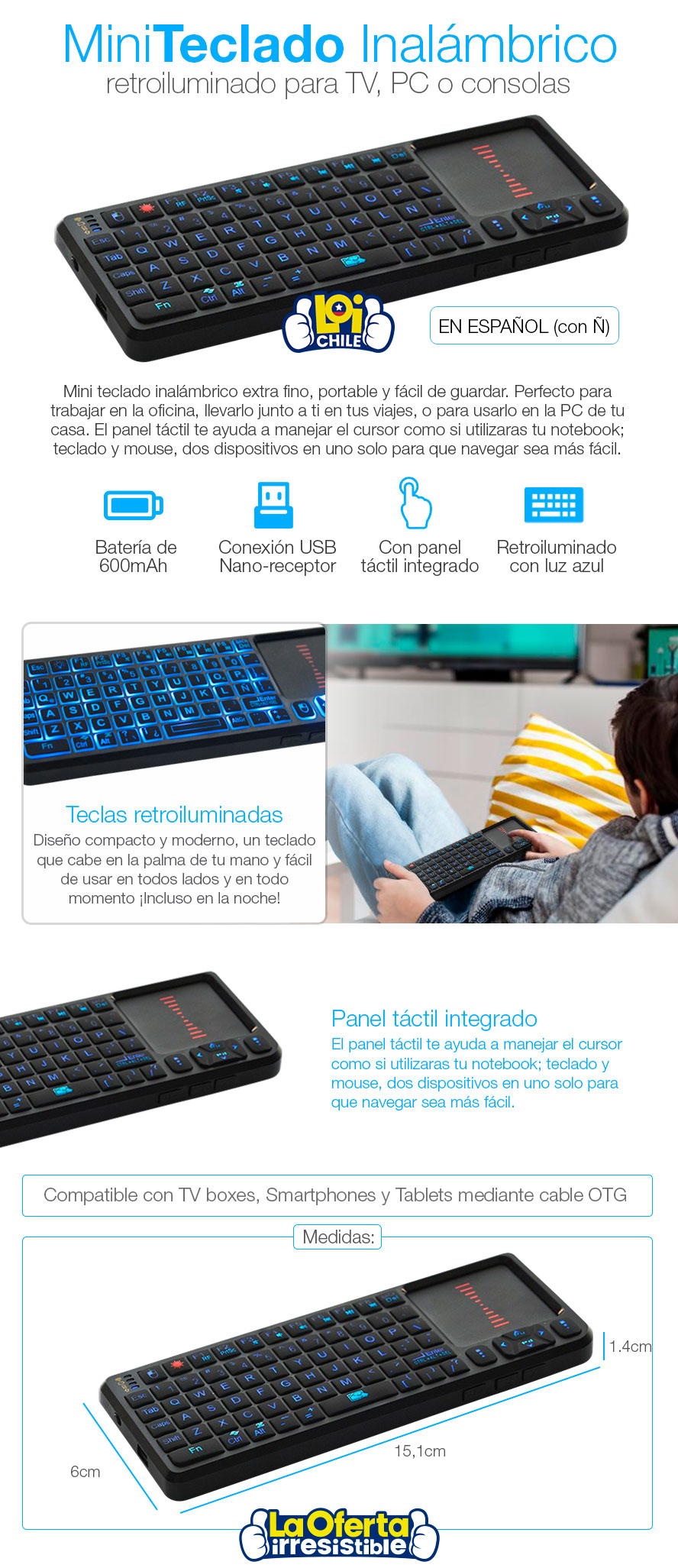 KOLKE Mini Teclado Inalámbrico Touchpad Luz Smart Tv Usb Pc Loi KOLKE