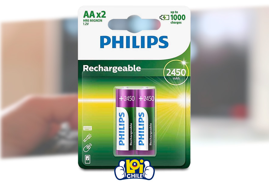Pilas Philips Recargables AA pack x2 2450mAh, oferta LOi Chile.