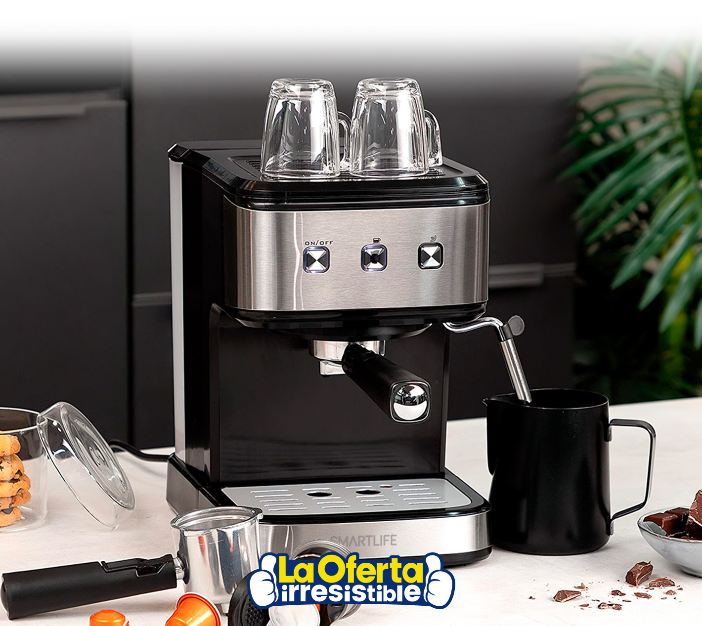 Cafetera Espresso SMARTLIFE 800W Jarra de Vidrio 240ml, oferta LOi.