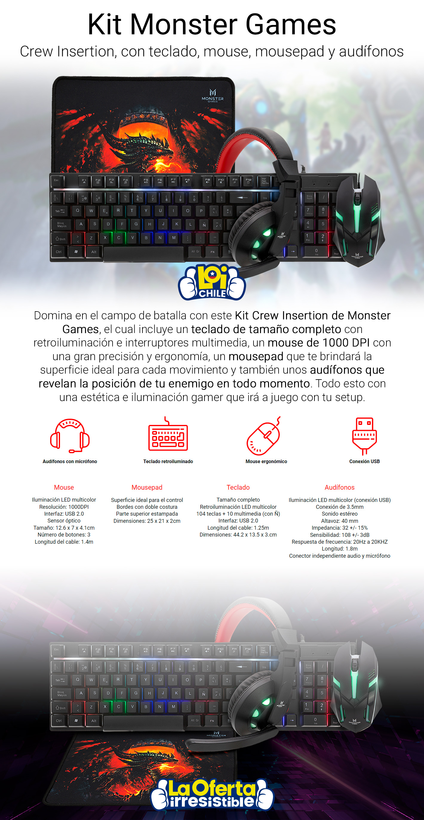 MONSTER Kit Gamer Monster 4 en 1 Teclado Mouse Audífono Mousepad RGB