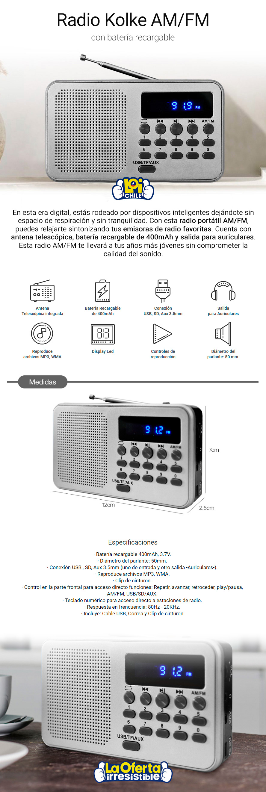Radio Kolke con Batería Recargable KPR-364 AM/FM 400mAh