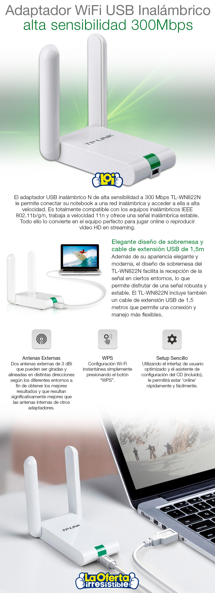 Receptor Wifi Inalámbrico Usb Tp Link Tl-wn822n 300 Mbps