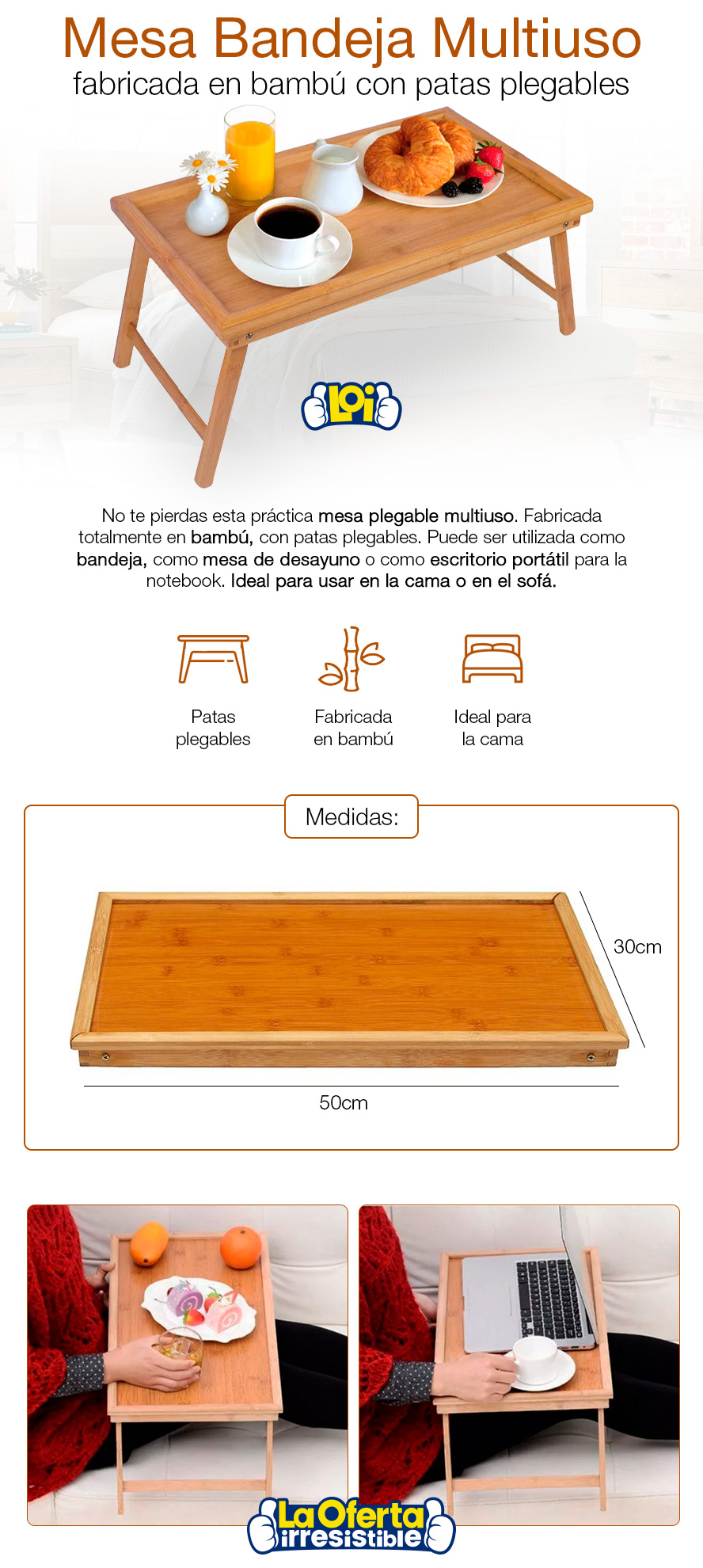 Mesa tipo bandeja de bambú con patas plegables Mesa de desayuno en la cama